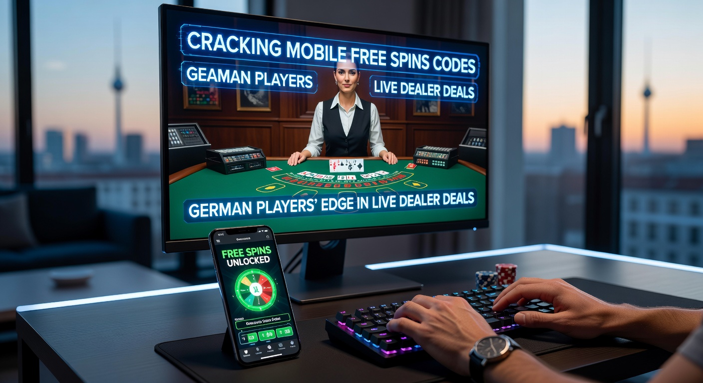 Smartphone mit Casino-App, das einen Free-Spins-Code aufleuchten lässt, während im Hintergrund Live-Dealer-Spiele laufen