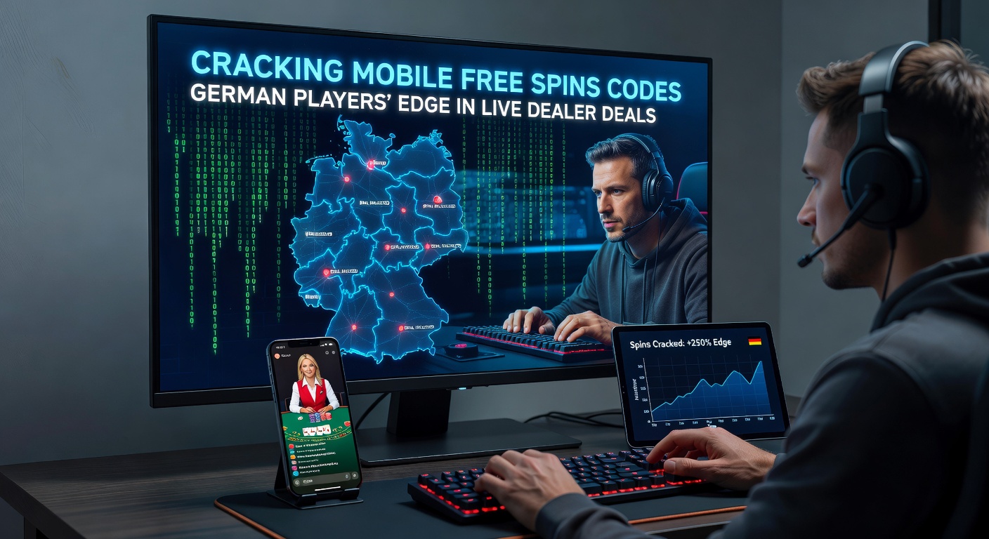Live-Dealer-Tisch mit Roulette, umgeben von mobilen Interfaces, die Free-Spins-Codes anzeigen, und deutschen Flaggen-Elementen